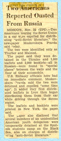 From Collection 337, box 1, folder 1:  Clipping from the International Herald Tribune reporting Malstead's and Verwer's arrest and expulsion from the Soviet Union in 1961.