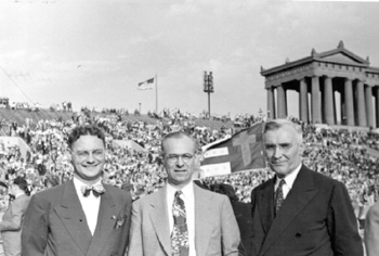 Photo File: Johnson, Torrey M.   Johnson with Charles Fuller (on right) at Soldier 
Field in Chicago for one of the first Youth for 
Christ rallies, possibly May, 1945.