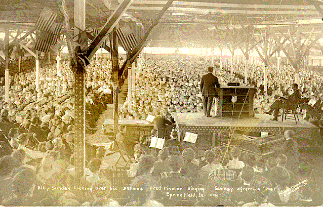 Tabernacle interior during one of Sunday's 1909 meetings in Springfield, Illinois.  From Photo File:  SUNDAY, WILLIAM ASHLEY