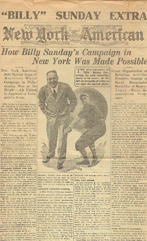 Front page of the NEW YORK AMERICAN featuring Sunday as preacher and baseball player.  From Collection 29, box 1, folder 4